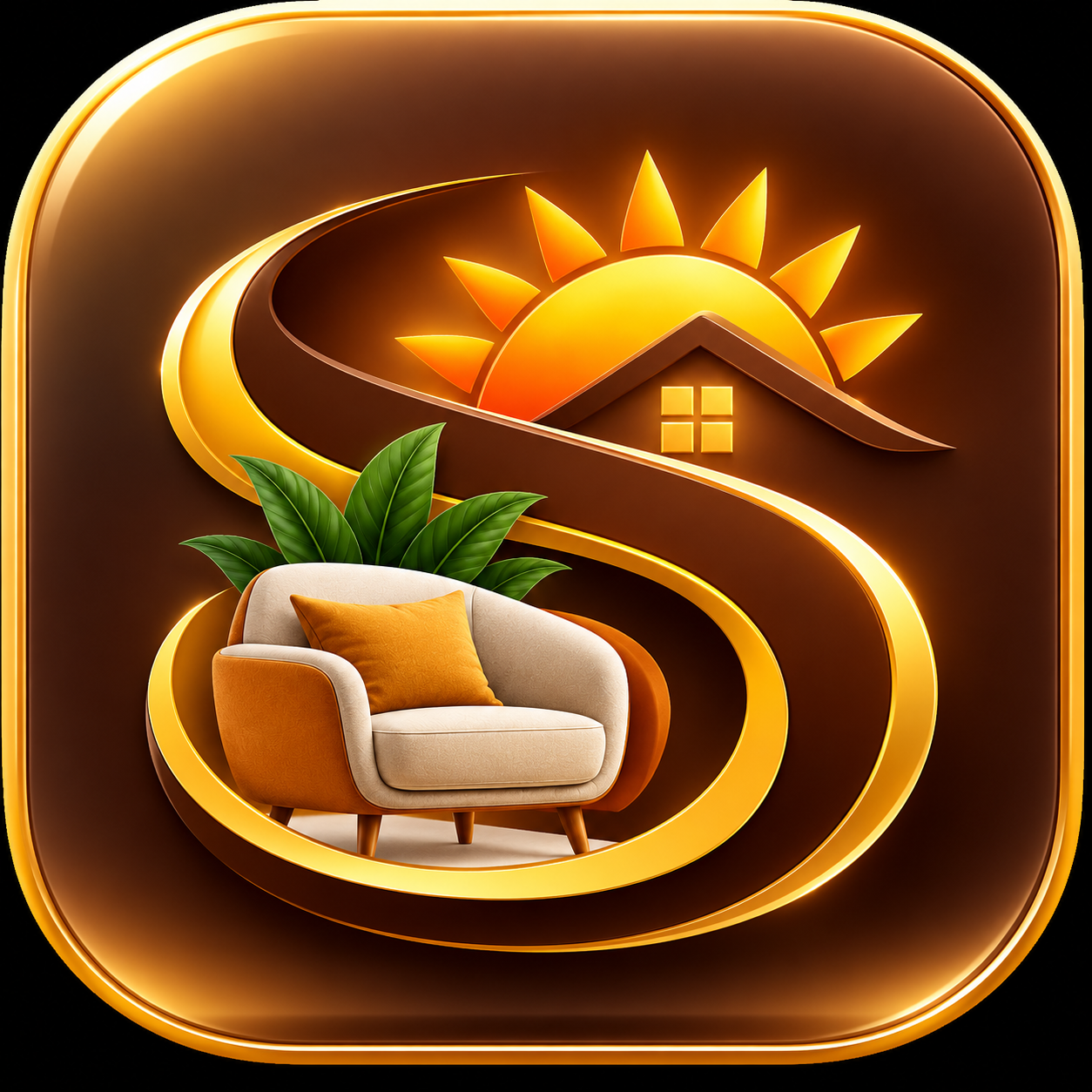 Sunny Furniture identity with warm sun and upholstered armchair